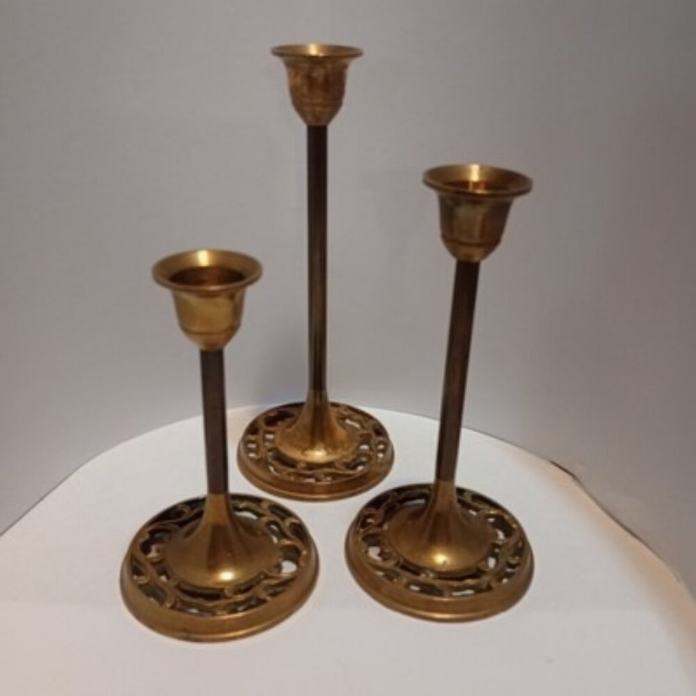 Lot Of 3 Vintage Solid Brass Candle Holders Candlesticks Filigree Bases